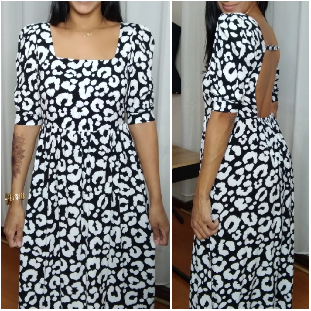 Molde Vestido midi decote quadrado manga bufante, gradação 36 ao 48