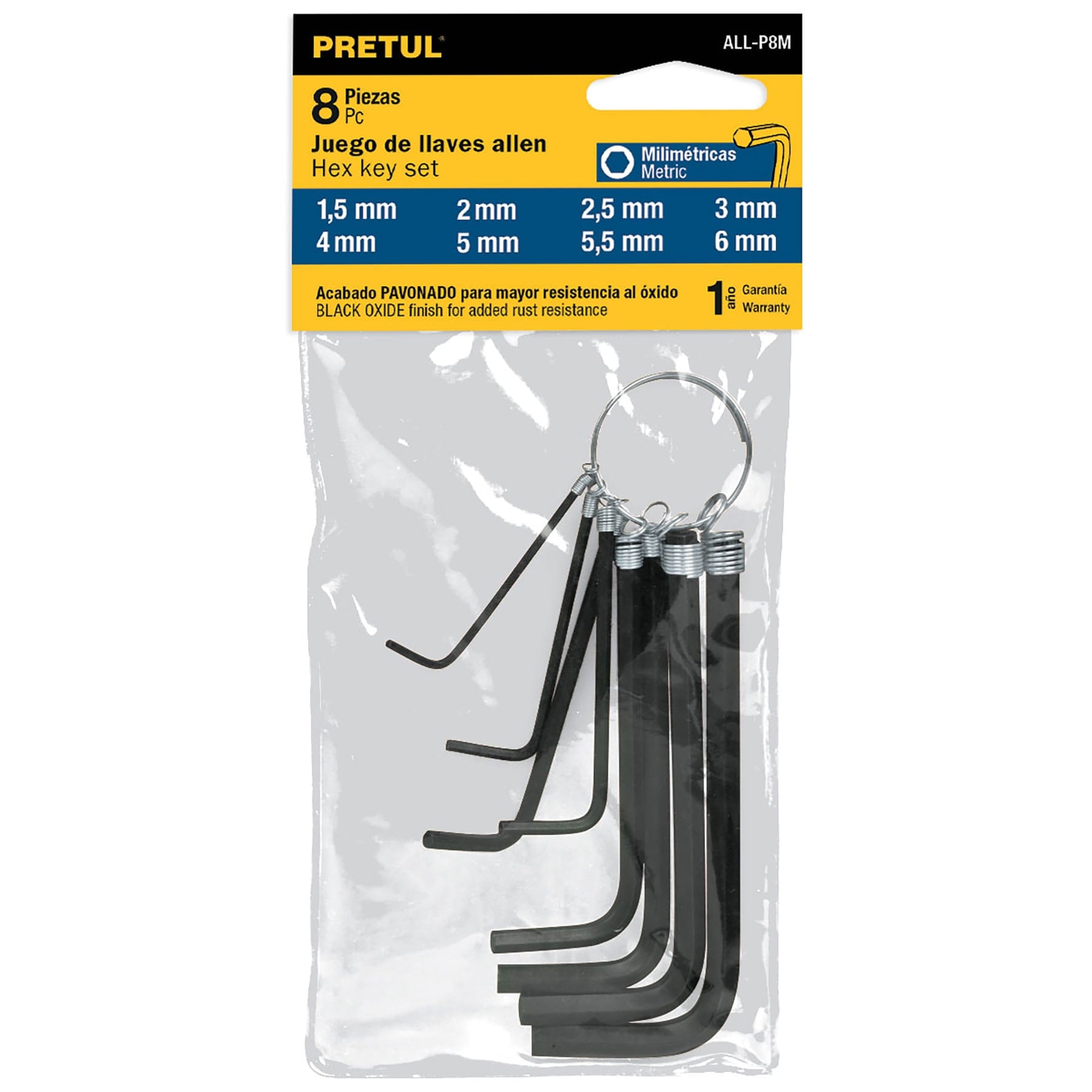 JUEGO DE 8 LLAVES ALLEN TIPO LLAVERO MM PRETUL