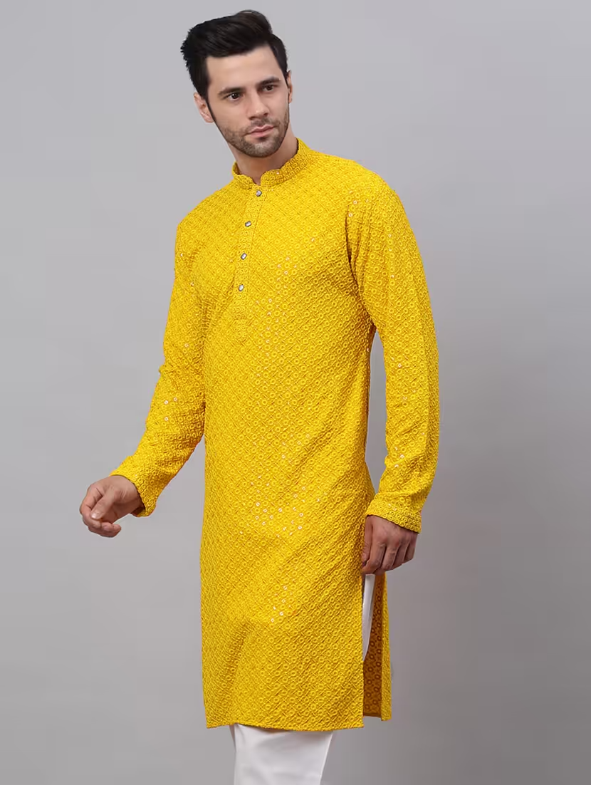Yellow Traditional Men’s Pure Cotton Kurta Pyjama Set