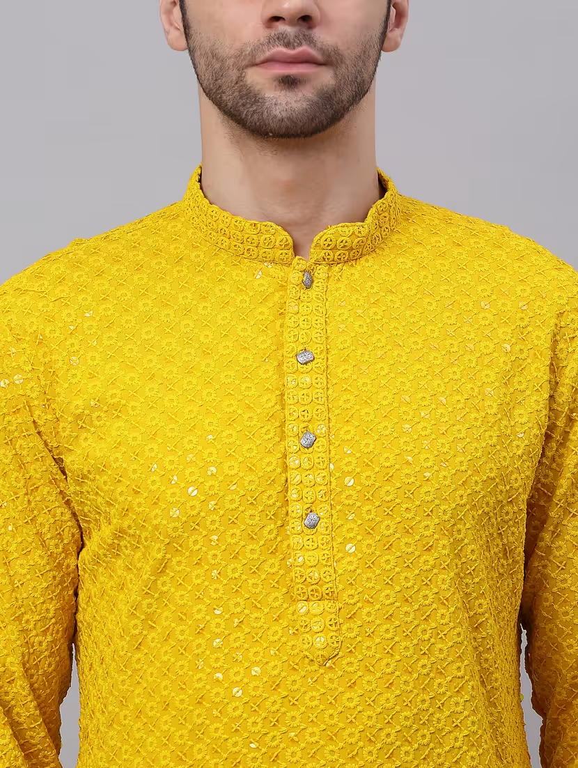 Yellow Traditional Men’s Pure Cotton Kurta Pyjama Set