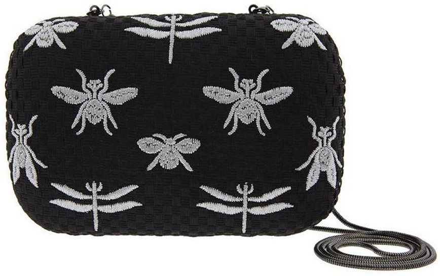 Black Embroidered Bee and Dragonfly Clutch Bag