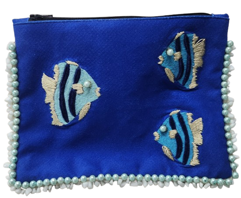 Blue Fish Embroidered Clutch