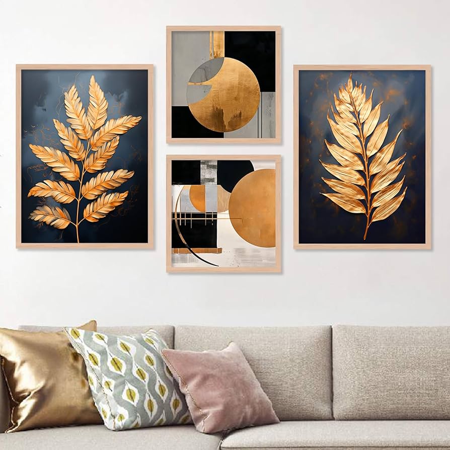 Golden Leaf and Abstract Wall Art Set