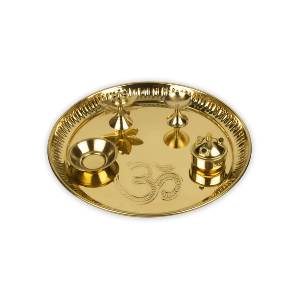 Ghar Pooja Om Engraved Puja Thali Set with Agarbatti Holder, Aarti Diya, Akshat Holder and Kumkum Holder (8 Inch, Gold)