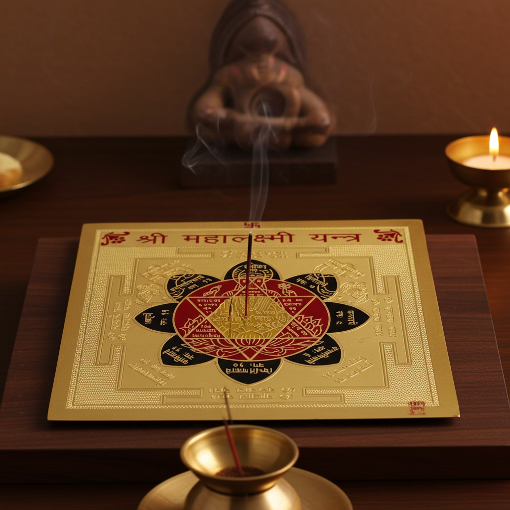 Ghar Pooja  Shri Mahalaxmi Yantram/Shree Mahalaxmi Yantra 3.25X3.25 Inch Gold Polished