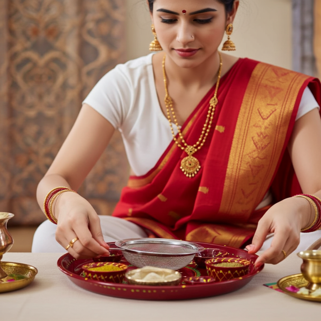 Complete Your Karwa Chauth Vrat: Handmade Designer Thali Set with Moti Channi	