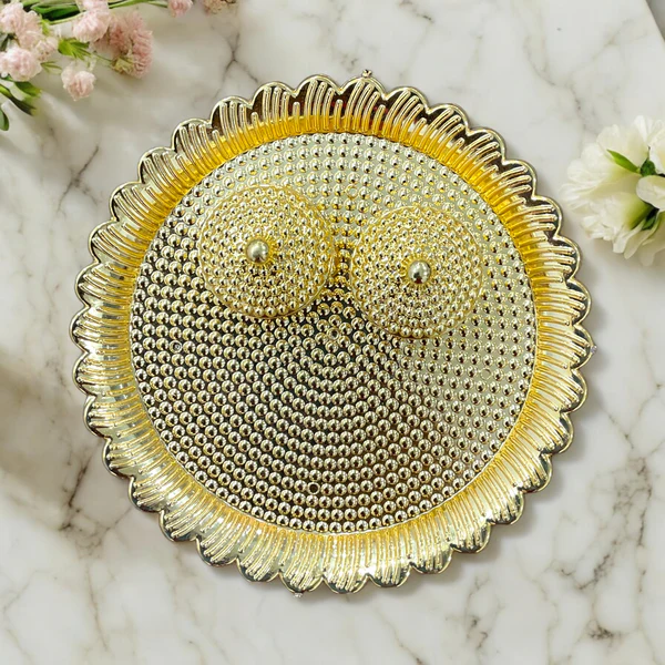 Ghar Pooja Round Gold Kankavathi Plate for Puja With Kumkum and Rice Holder