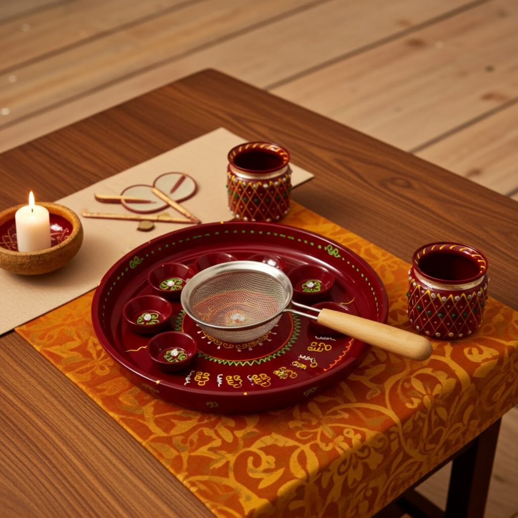 Complete Your Karwa Chauth Vrat: Handmade Designer Thali Set with Moti Channi	