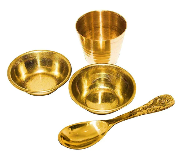 Ghar Pooja Pure Brass Pooja Bhog Thali/Plate Set for Home Temple Decor Brass set of 5 pcs (1 pcs pooja plate,1 pcs spoon,2 pcs katori, 1 pcs glass)(4x4 inch)