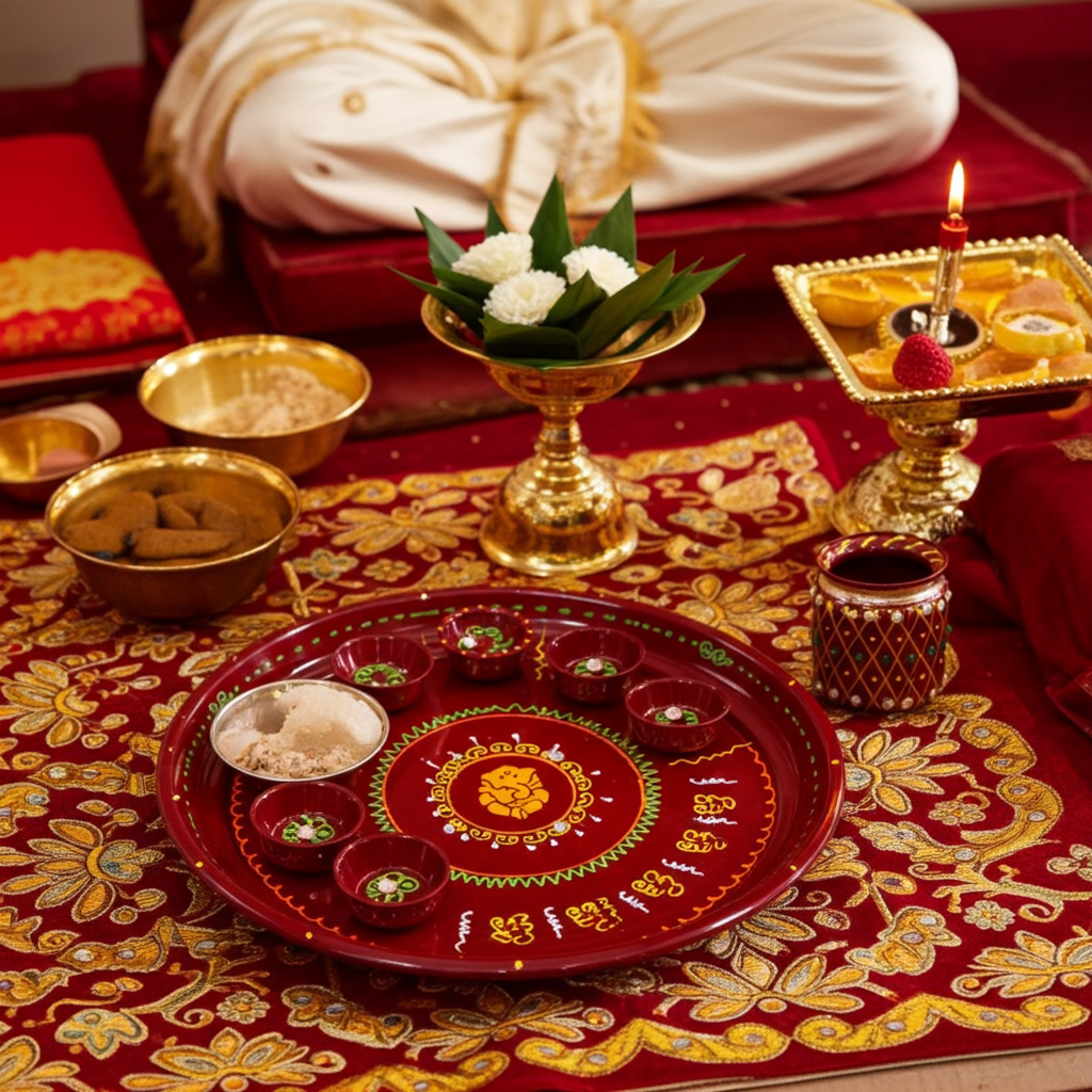 Complete Your Karwa Chauth Vrat: Handmade Designer Thali Set with Moti Channi	