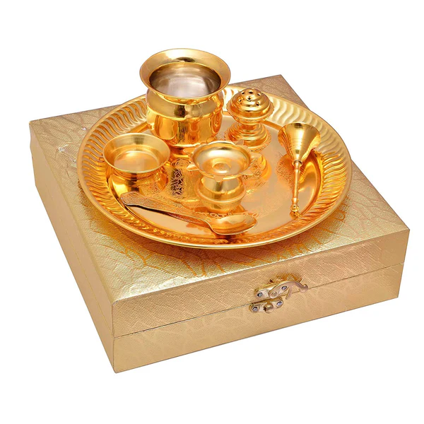 Ghar Pooja Gold Plated Premium Brass Pooja Thali Golden Colour with Golden Box (7 PEC. Golden)