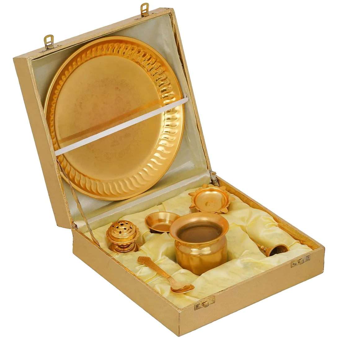 Ghar Pooja Gold Plated Premium Brass Pooja Thali Golden Colour with Golden Box (7 PEC. Golden)