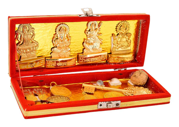 Ghar Pooja Brass Shree Dhan Laxmi Kuber Bhandari Yantra Sarv Samriddhi Yantra Box (Golden)