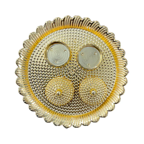 Ghar Pooja Round Gold Kankavathi Plate for Puja With Kumkum and Rice Holder