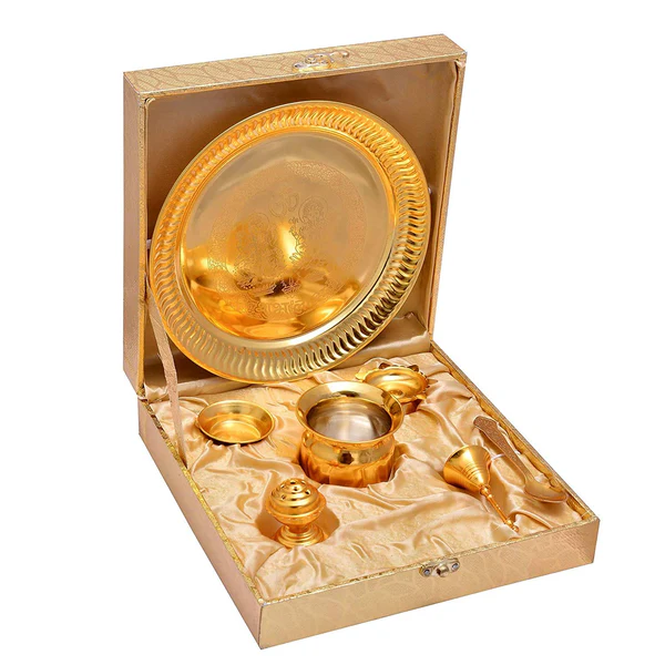 Ghar Pooja Gold Plated Premium Brass Pooja Thali Golden Colour with Golden Box (7 PEC. Golden)