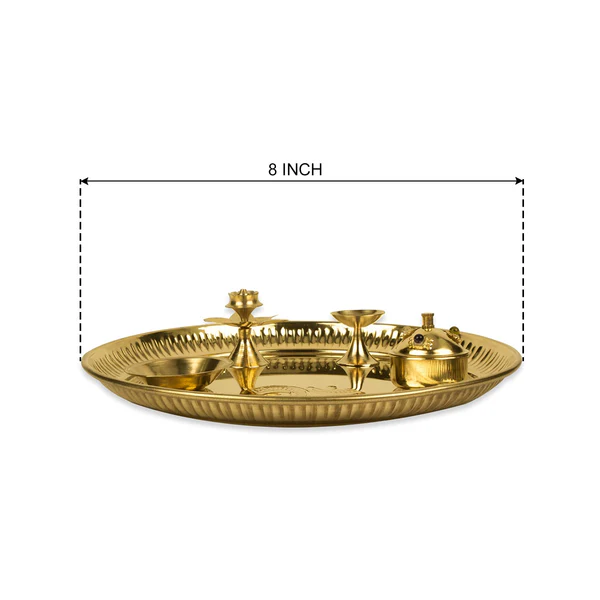 Ghar Pooja Om Engraved Puja Thali Set with Agarbatti Holder, Aarti Diya, Akshat Holder and Kumkum Holder (8 Inch, Gold)