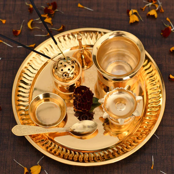 Ghar Pooja Gold Plated Premium Brass Pooja Thali Golden Colour with Golden Box (7 PEC. Golden)
