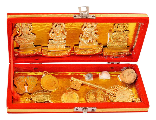 Ghar Pooja Brass Shree Dhan Laxmi Kuber Bhandari Yantra Sarv Samriddhi Yantra Box (Golden)