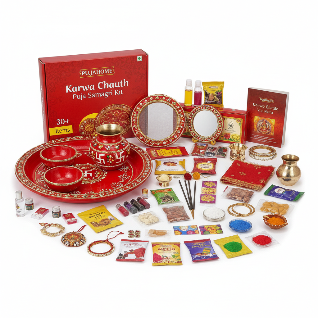Karwa Chauth Puja Samagri Kit with Thali Set and NavShringaar Saman (30+ Items) + Thali Set(6Pc Set - Satiya Design)