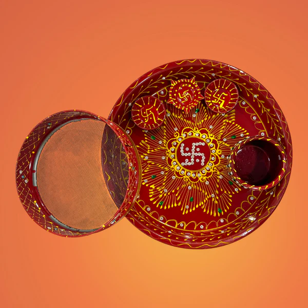 Karwa Chauth Puja Samagri Kit with Thali Set and NavShringaar Saman (30+ Items) + Thali Set(6Pc Set - Satiya Design)