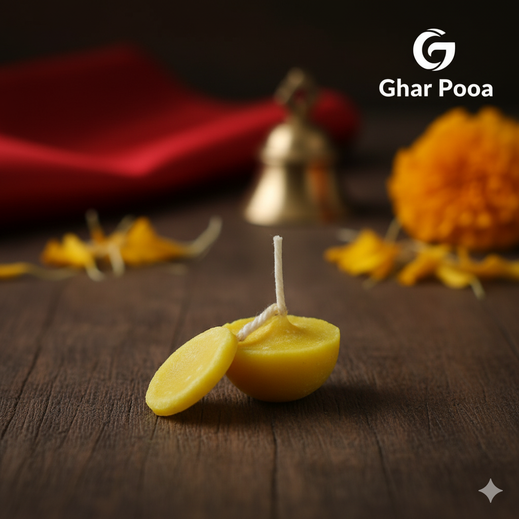 Ghar Pooja Ghee Diya Wicks (100 Pieces - Yellow) 30min Burning Time, Wax Free Vegan Easy Diya