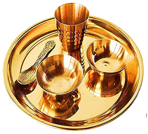 Ghar Pooja Pure Brass Pooja Bhog Thali/Plate Set for Home Temple Decor Brass set of 5 pcs (1 pcs pooja plate,1 pcs spoon,2 pcs katori, 1 pcs glass)(4x4 inch)