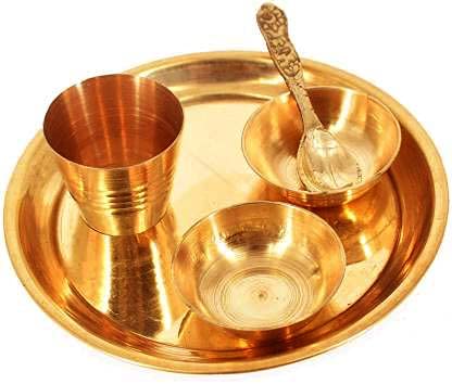 Ghar Pooja Pure Brass Pooja Bhog Thali/Plate Set for Home Temple Decor Brass set of 5 pcs (1 pcs pooja plate,1 pcs spoon,2 pcs katori, 1 pcs glass)(4x4 inch)