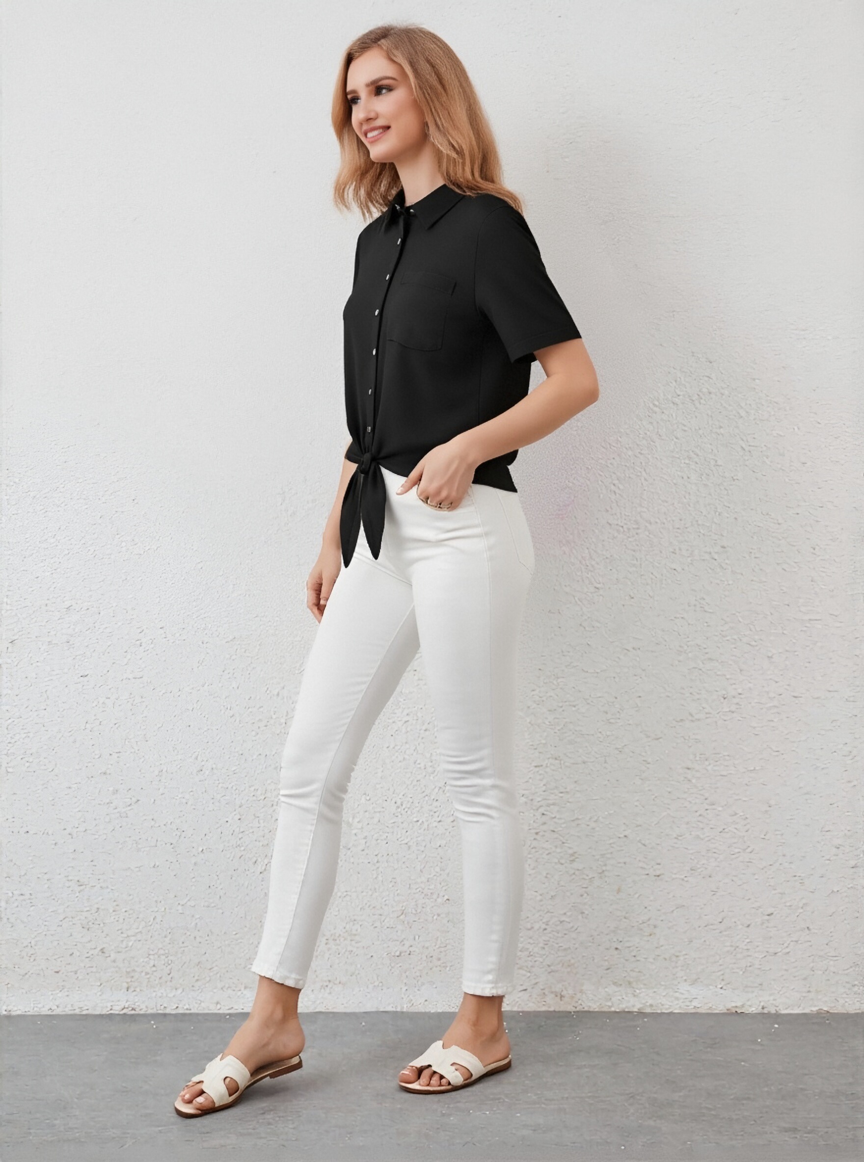 Black Tie-Front Short Sleeve blouse