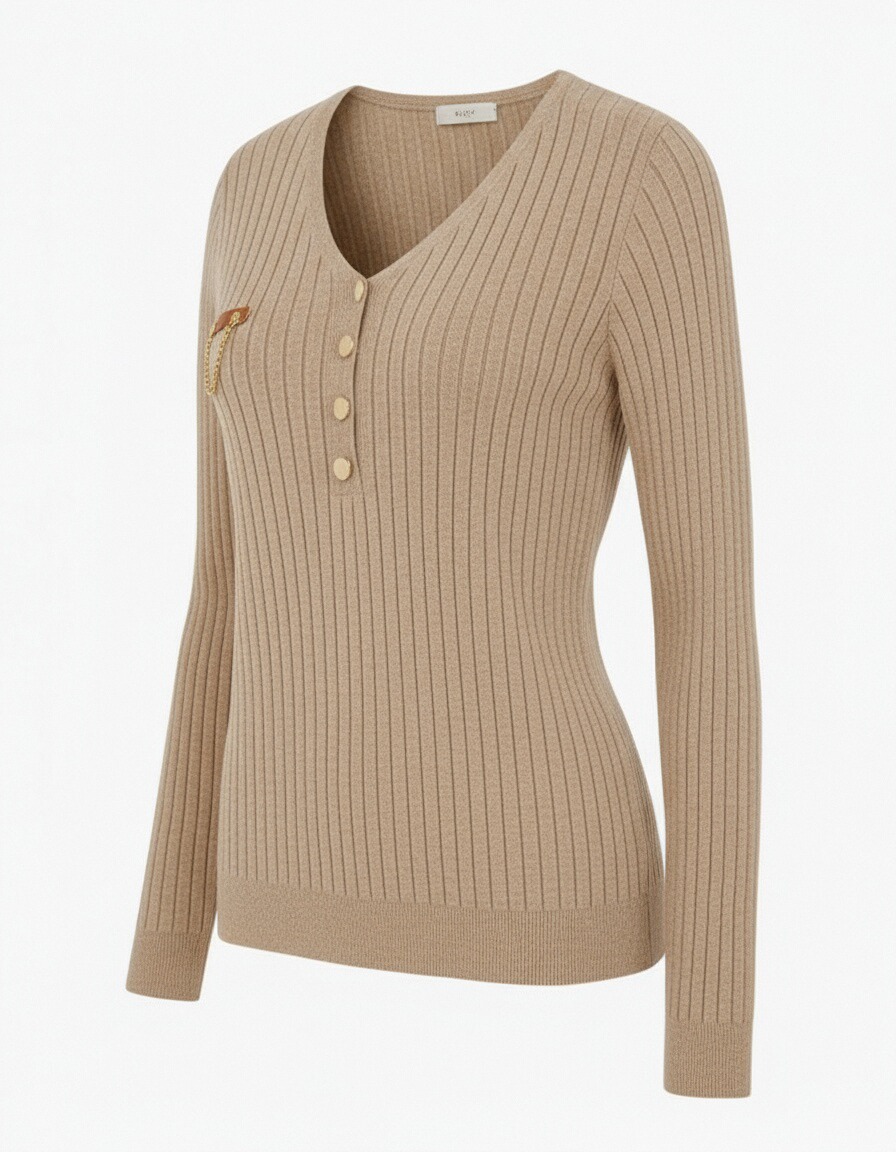 Beige Ribbed Knit Sweater