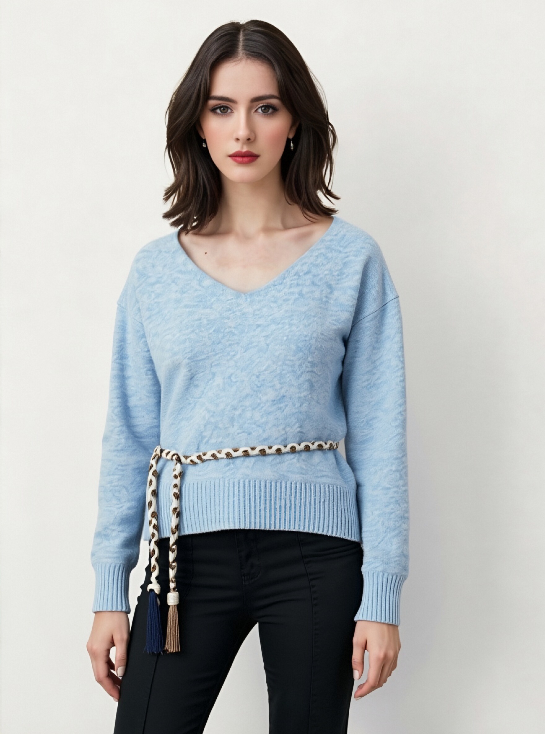 Light Blue V-Neck Knit Sweater
