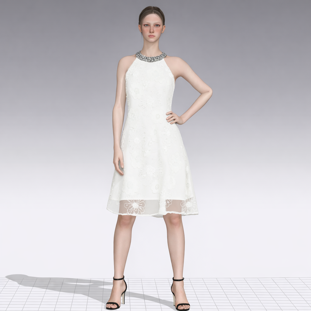 Embellished White Floral Dress