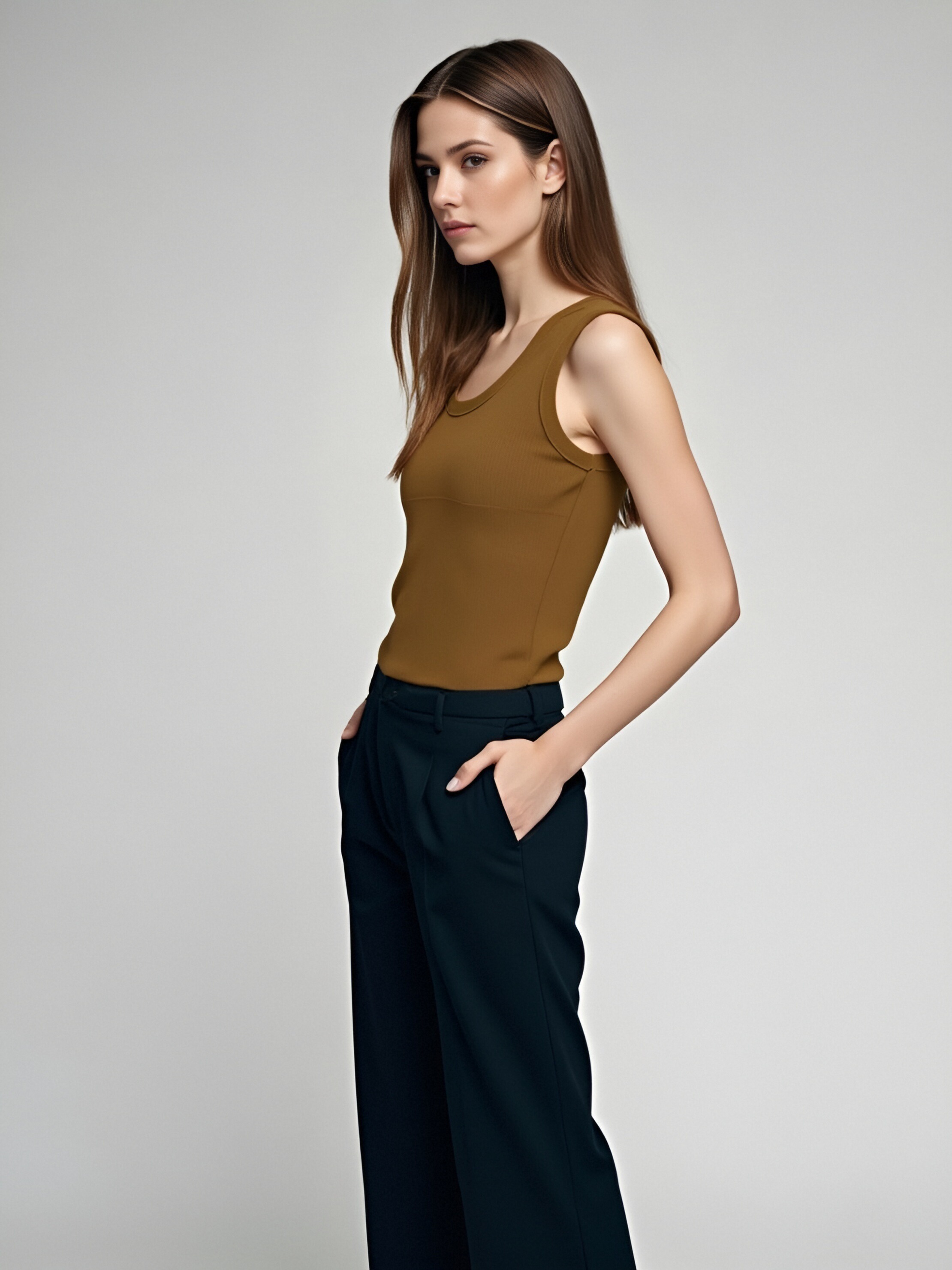 Brown Ribbed Sleeveless Top