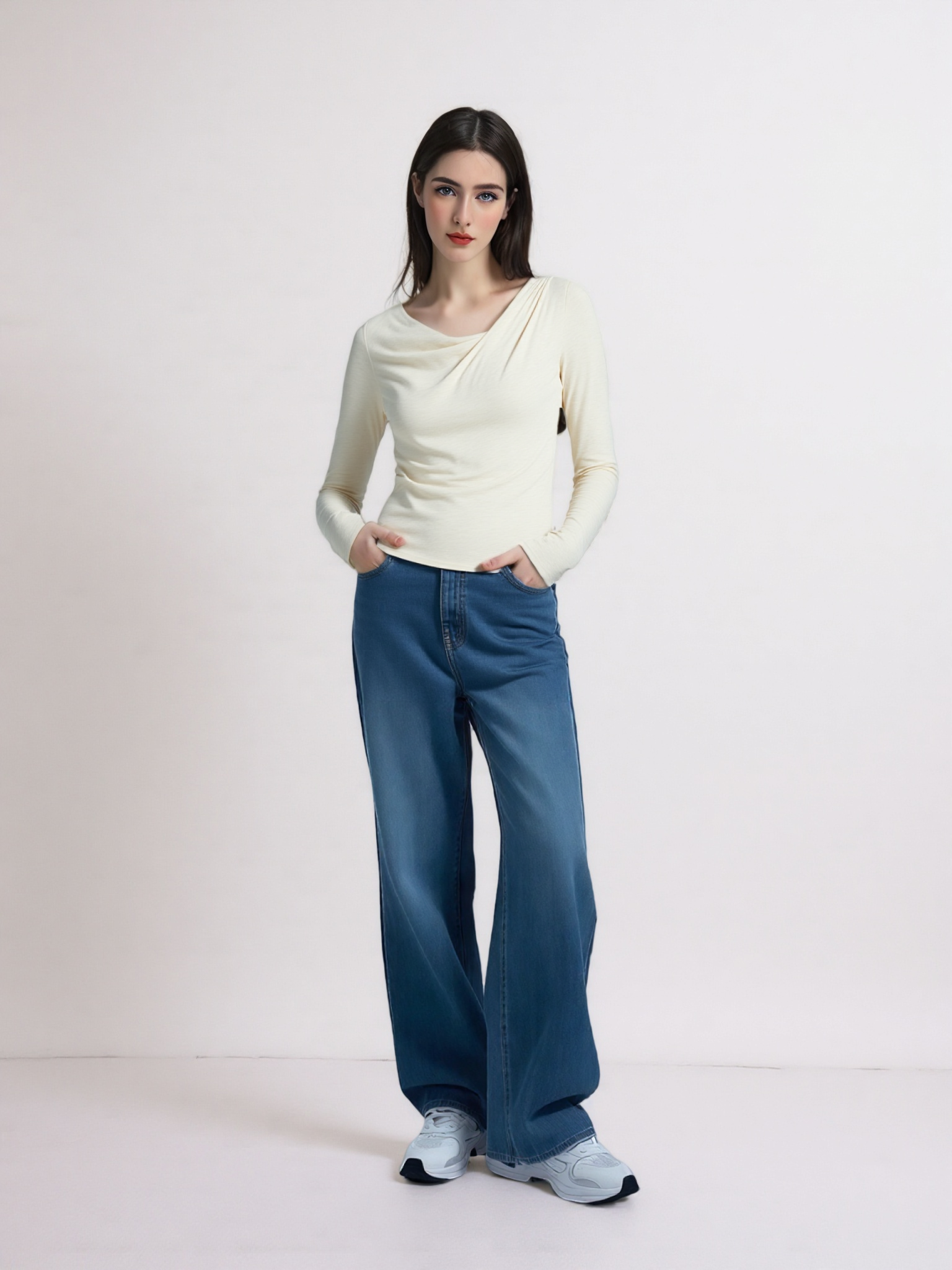 Cream draped long sleeve top