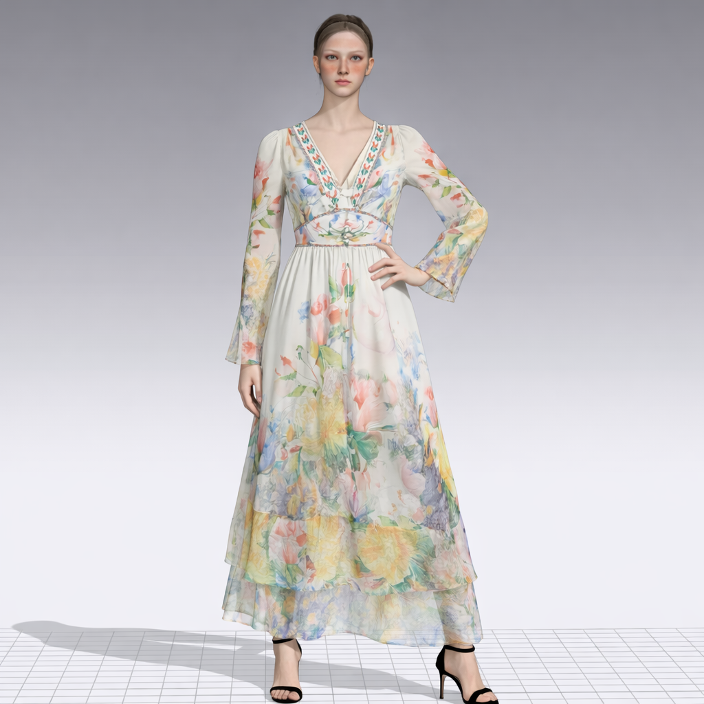 Floral Print Long Sleeve Maxi Dress