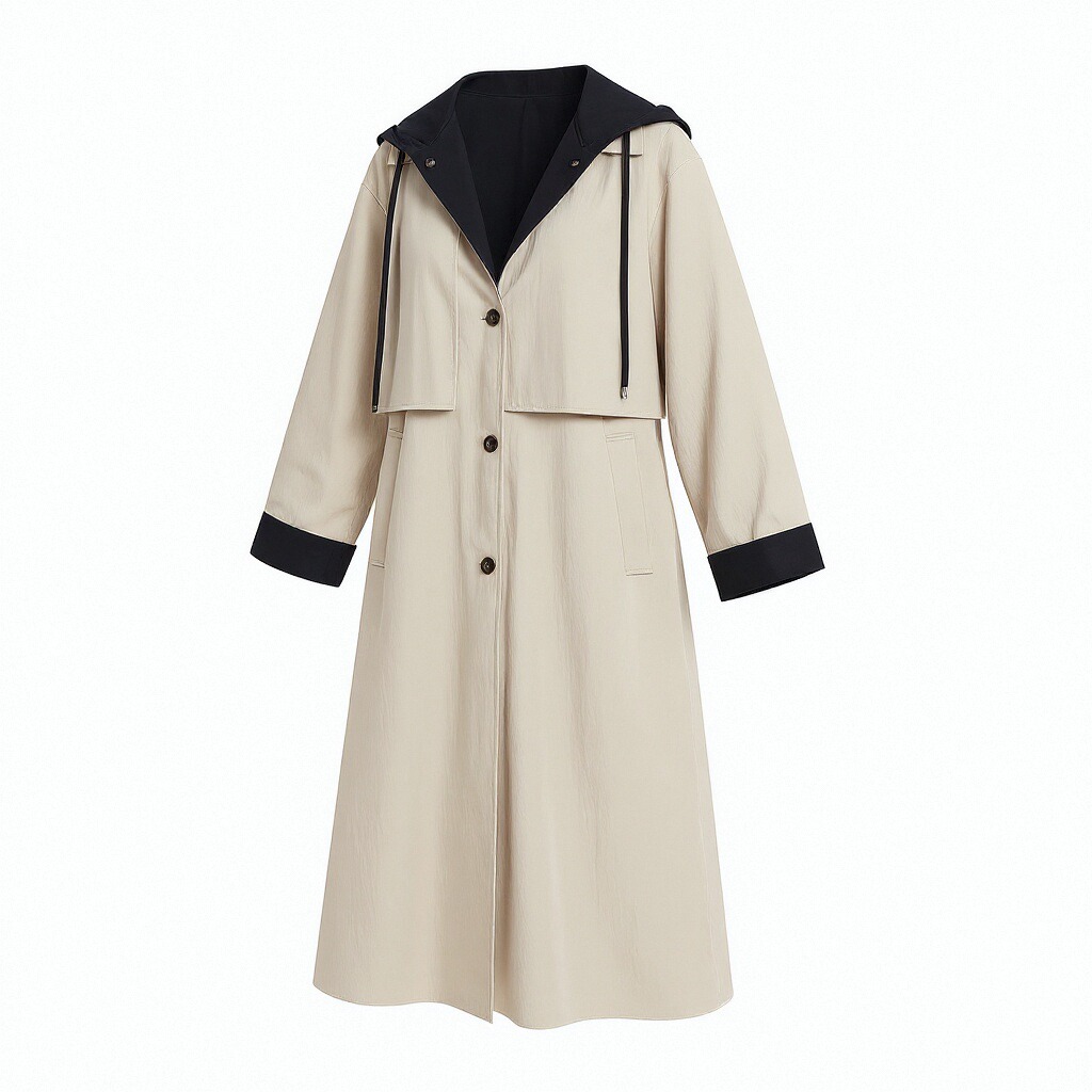 Beige Long Hooded Trench Coat