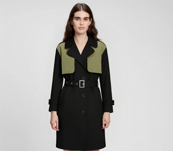 Black Trench Coat with Contrast Panels
