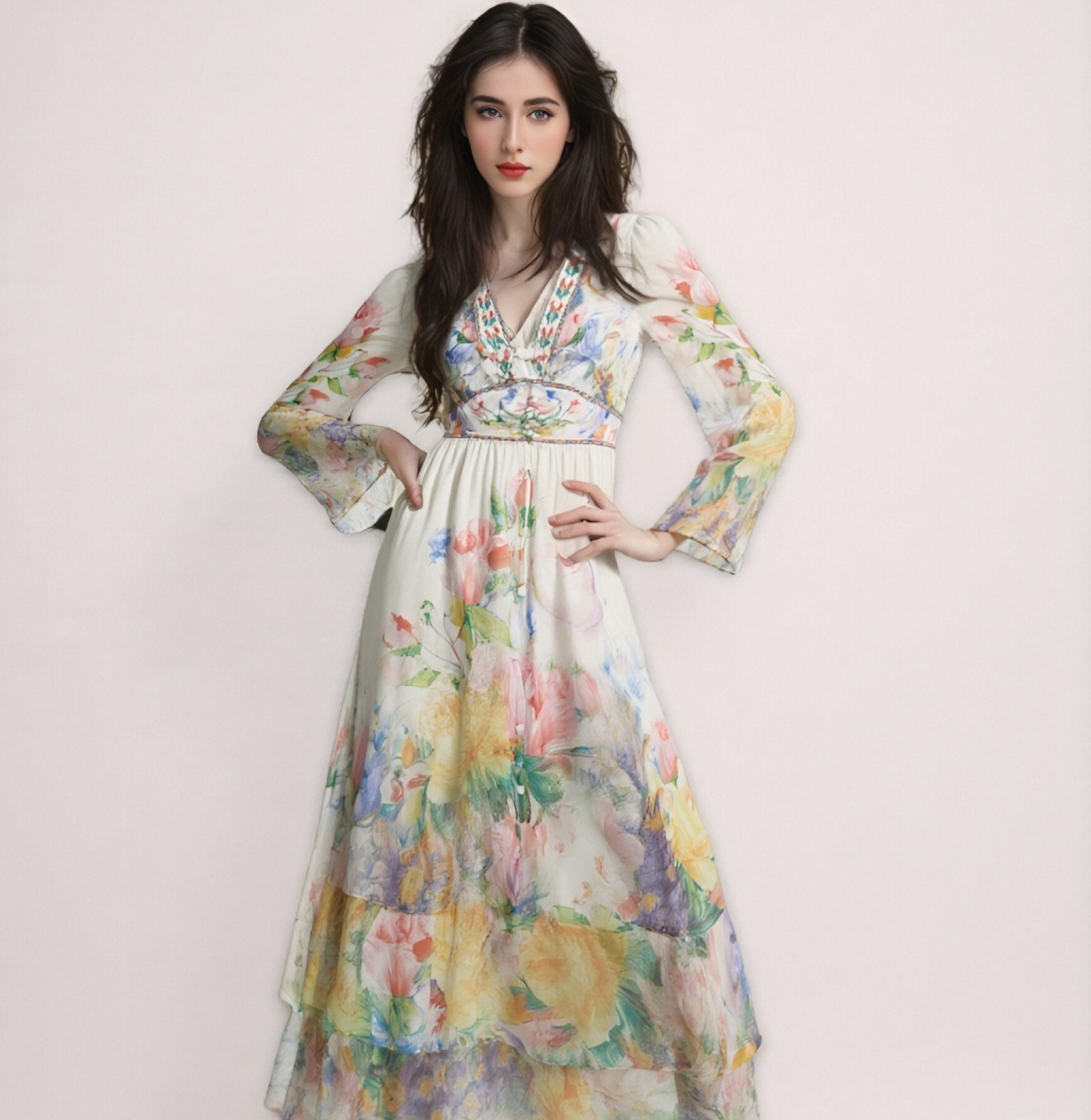 Floral Print Long Sleeve Maxi Dress