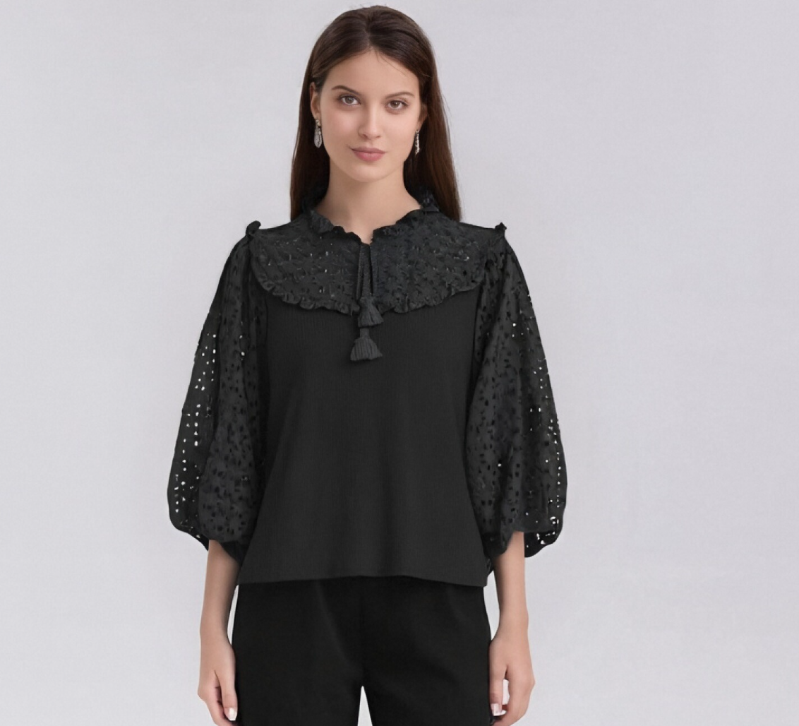 Black Lace Puff Sleeve Blouse