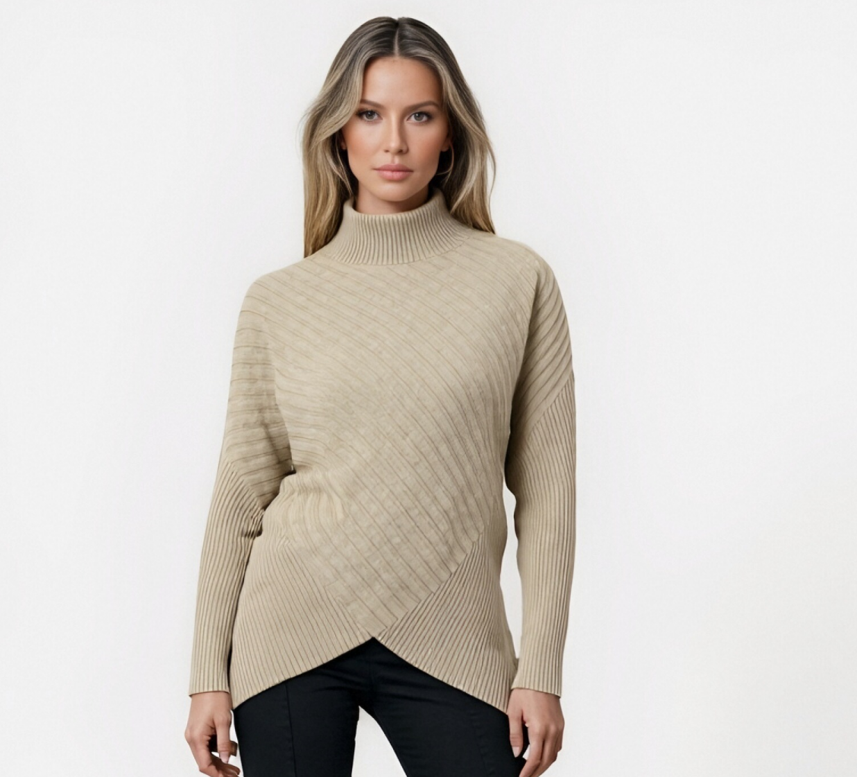 Beige Turtleneck Knit Sweater