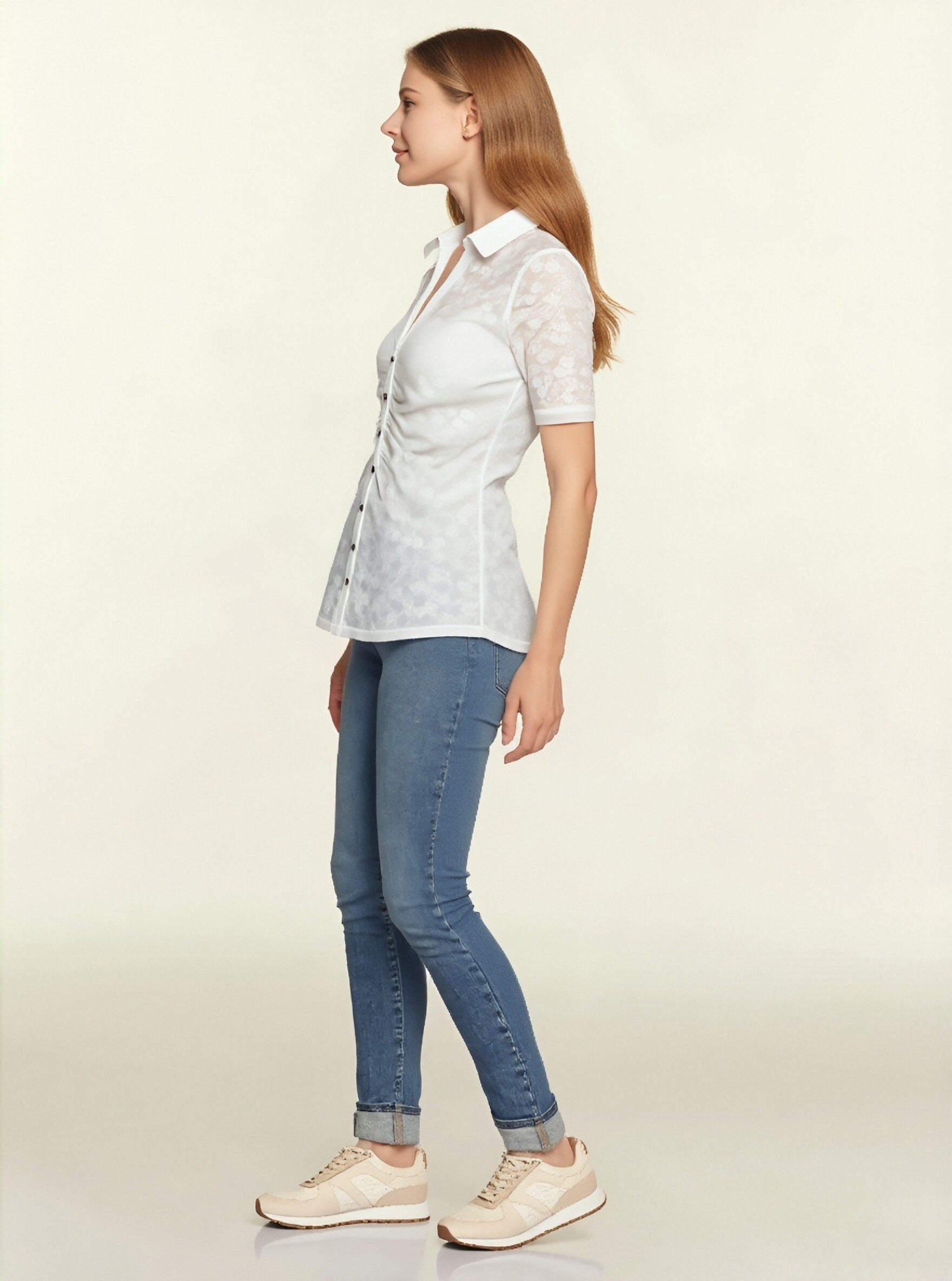 White Ruched Button-Up Blouse