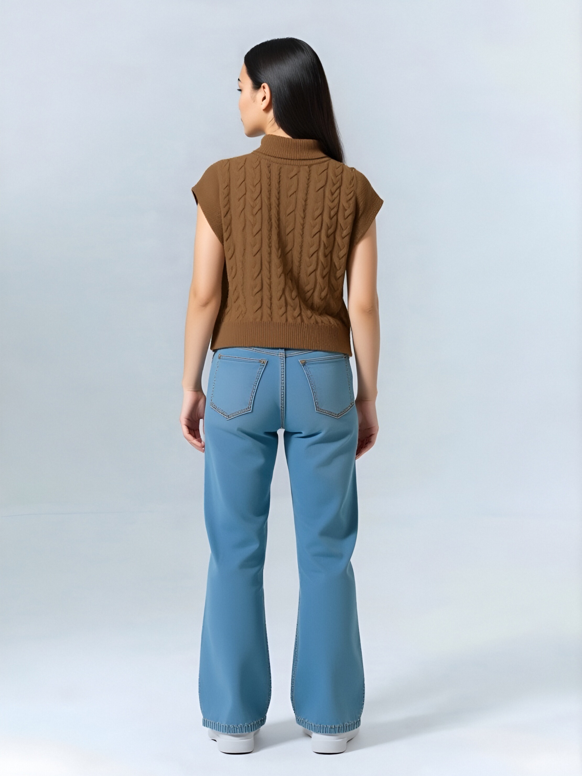 Brown Cable Knit Sleeveless Turtleneck Sweater