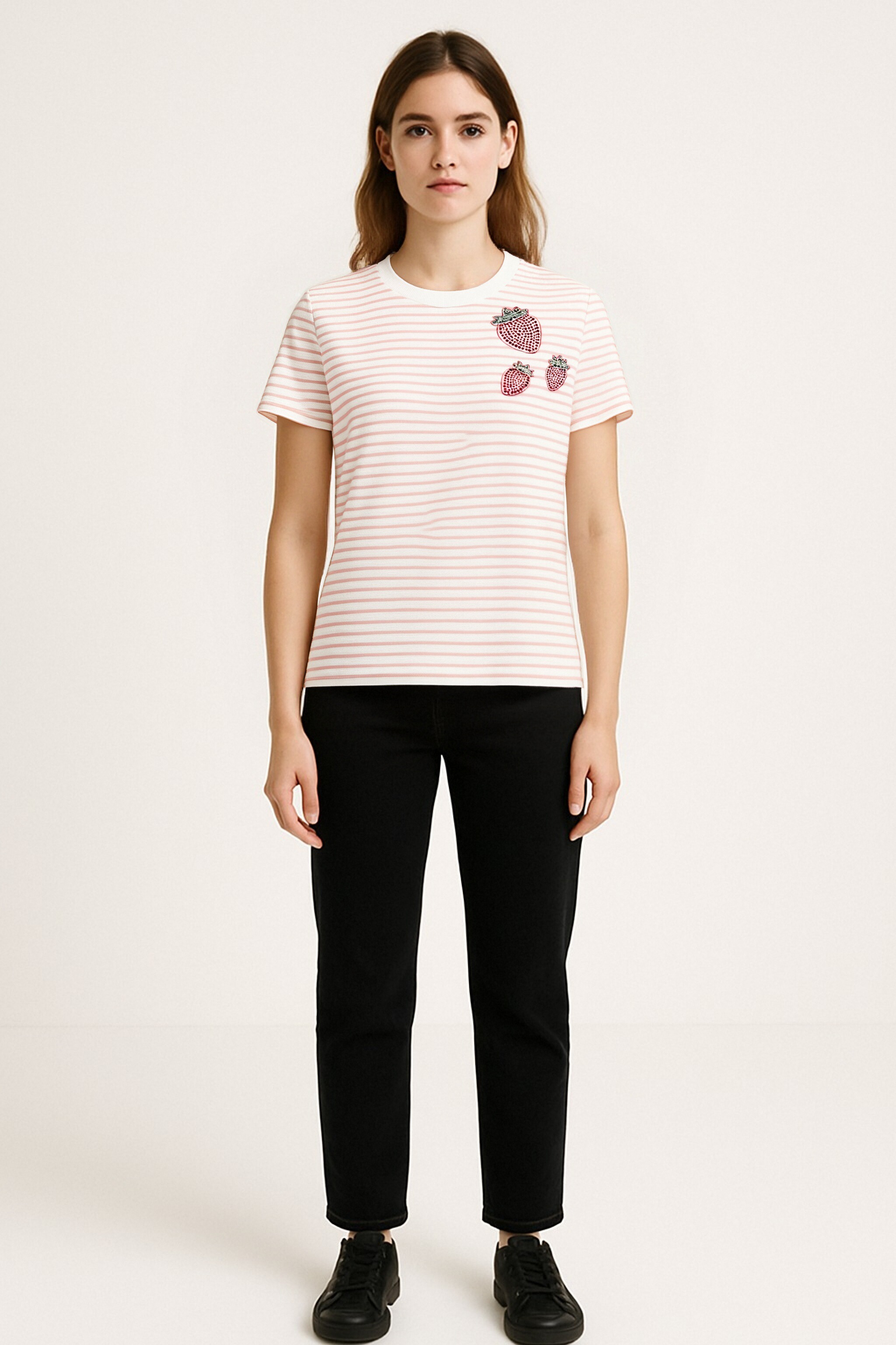Pink Striped Kids T-Shirt with Strawberry Patches
