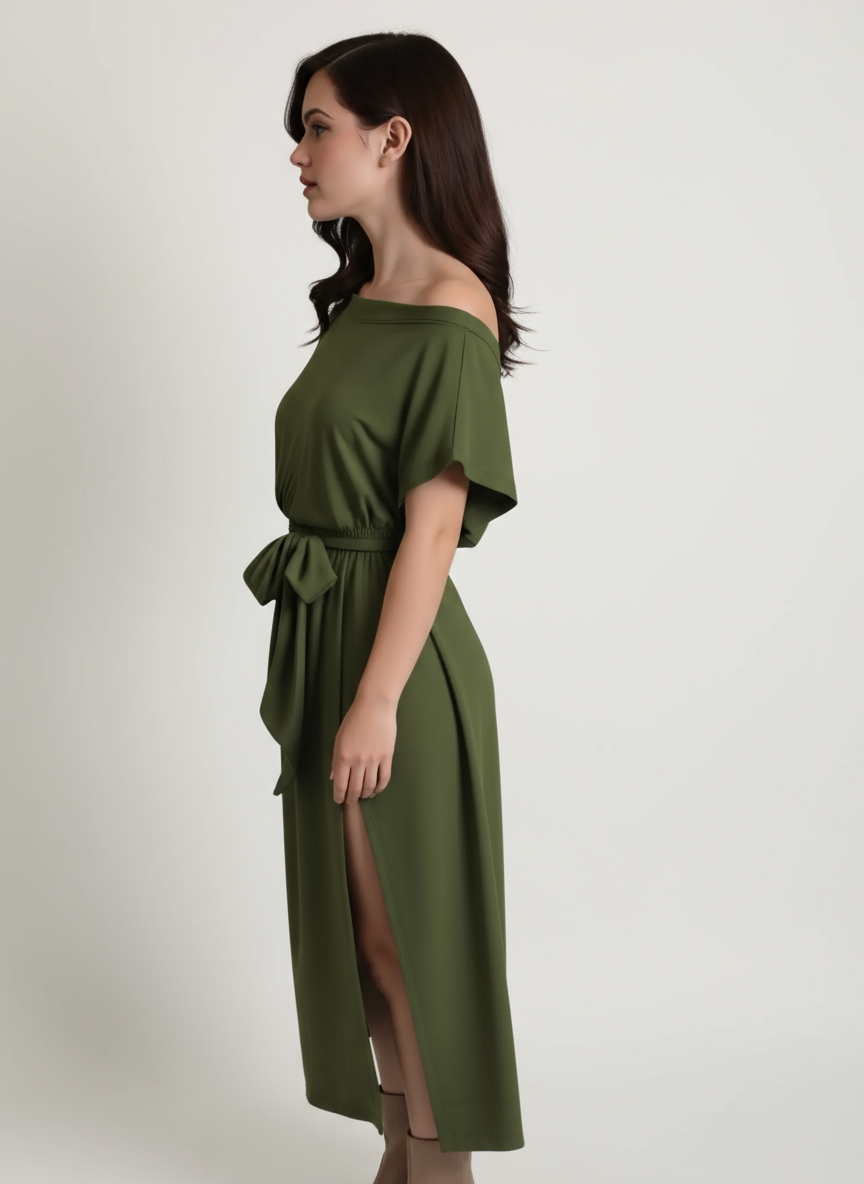 Off-Shoulder Olive Green Dress