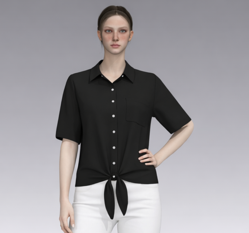 Black Tie-Front Short Sleeve blouse