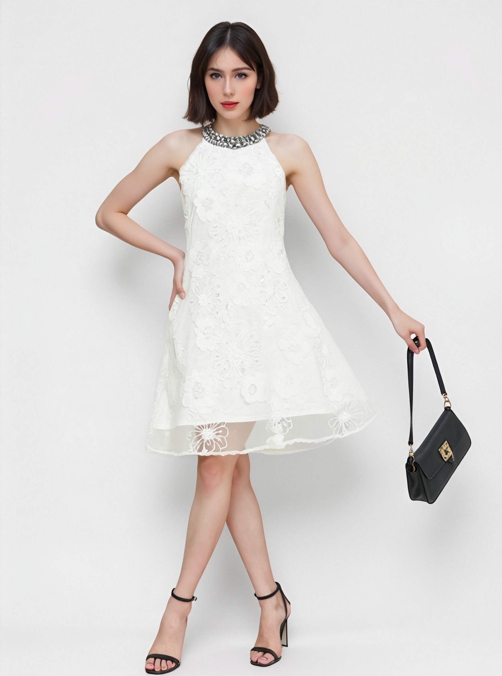 Embellished White Floral Dress