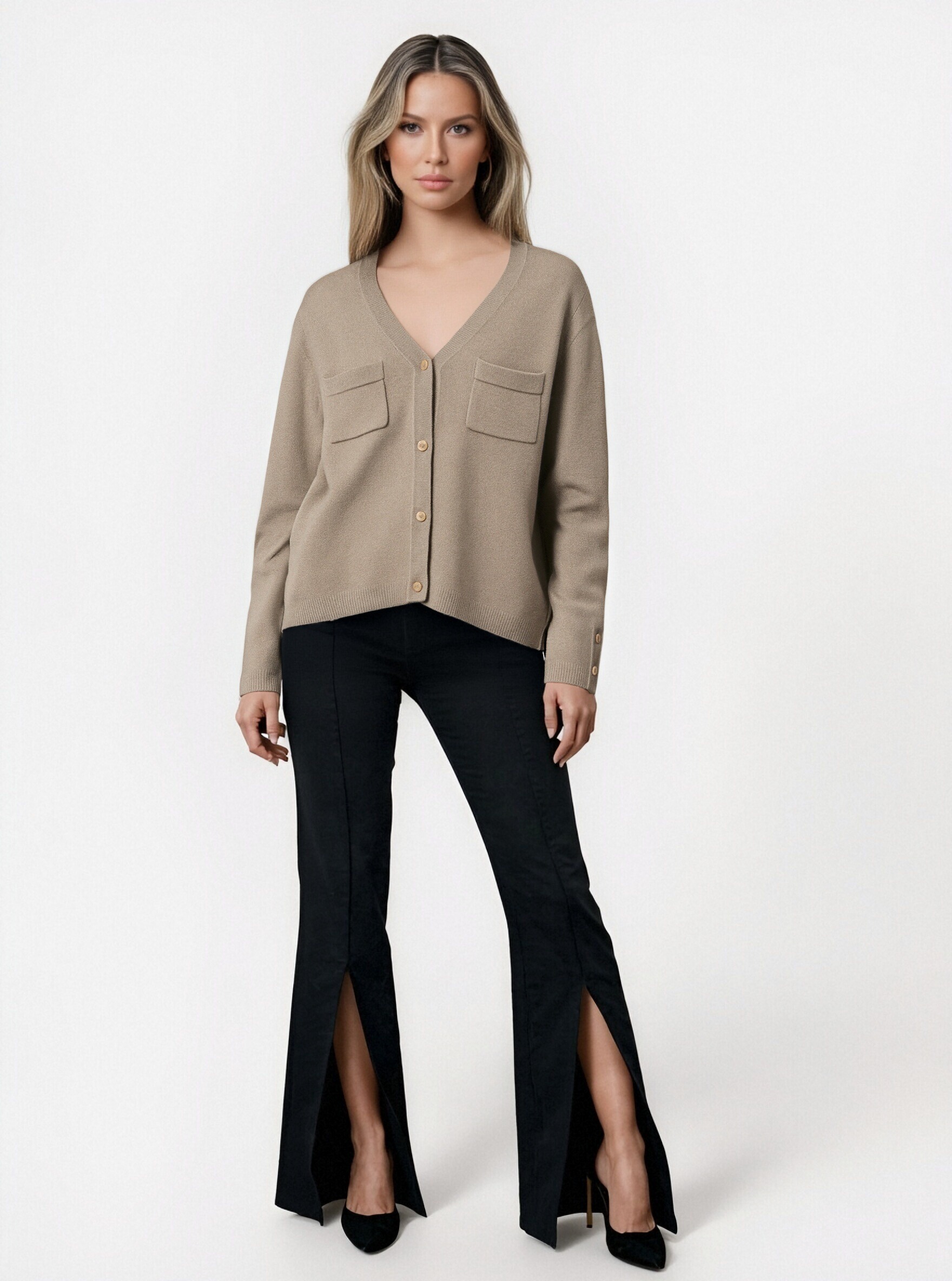 Beige Button-Up Cardigan