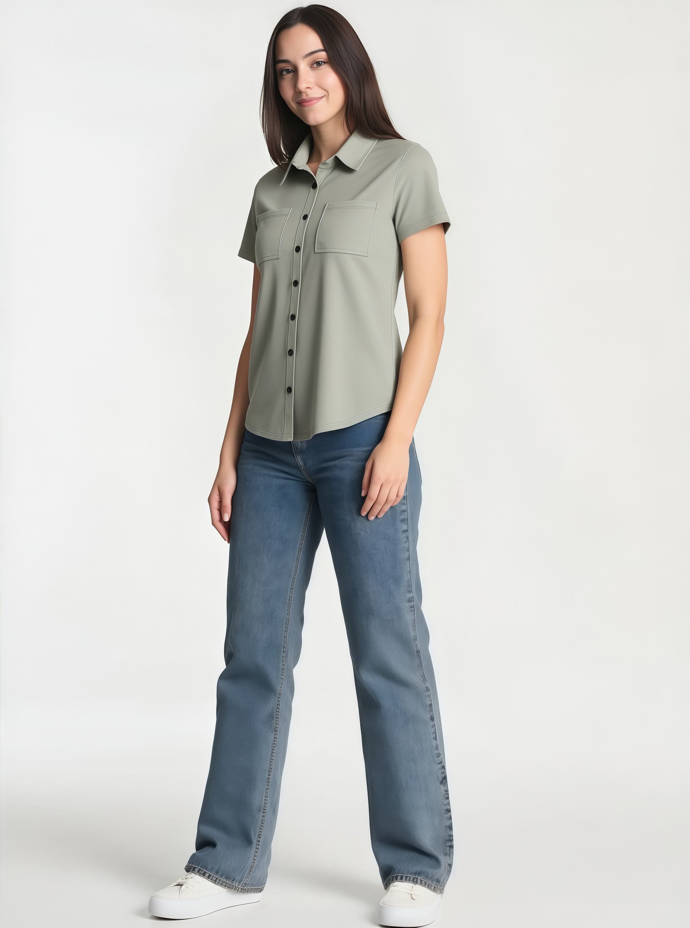 Classic Short Sleeve Button-Up Blouse