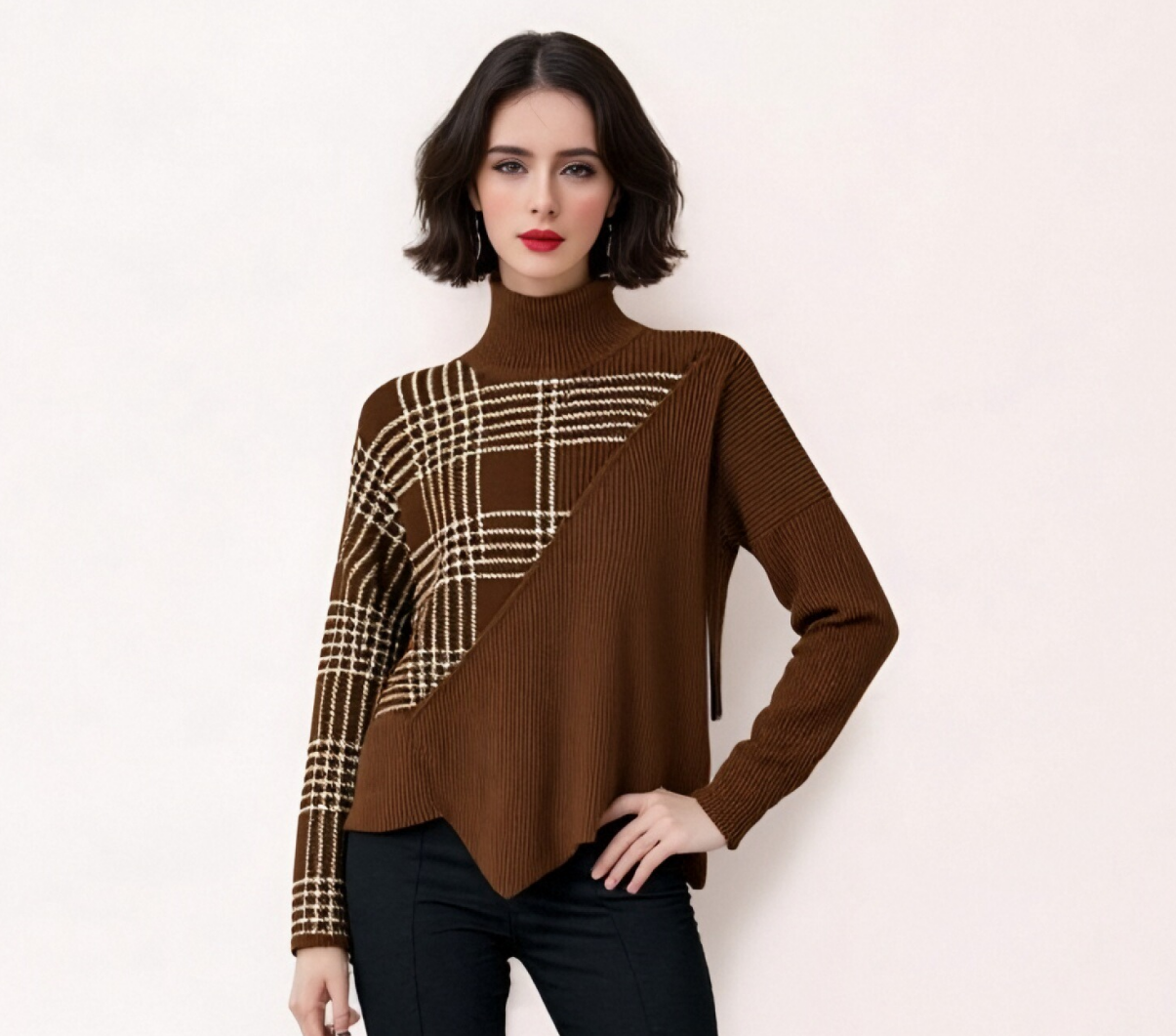Brown Plaid Turtleneck Sweater