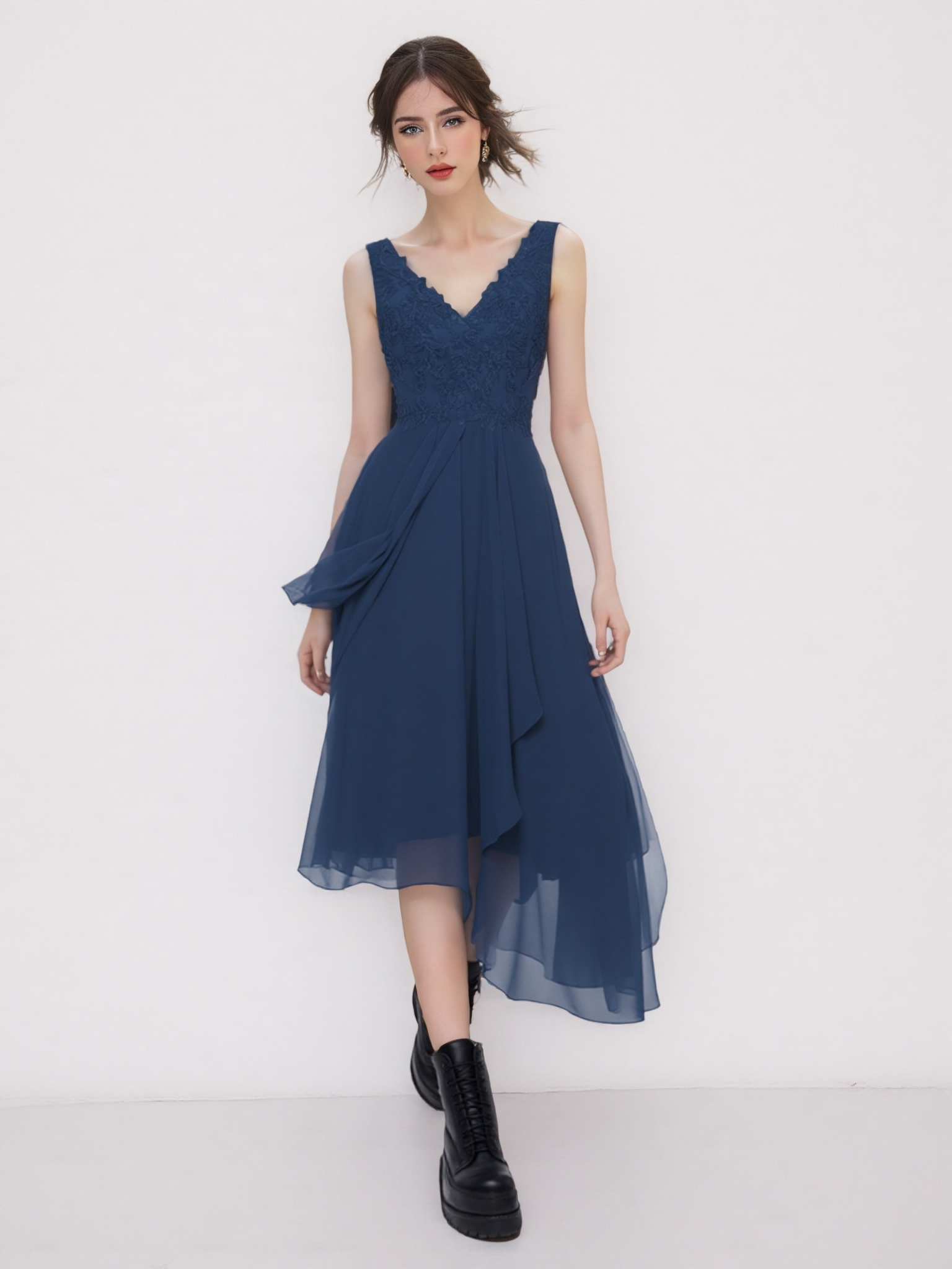 Elegant Navy Blue Lace Midi Dress