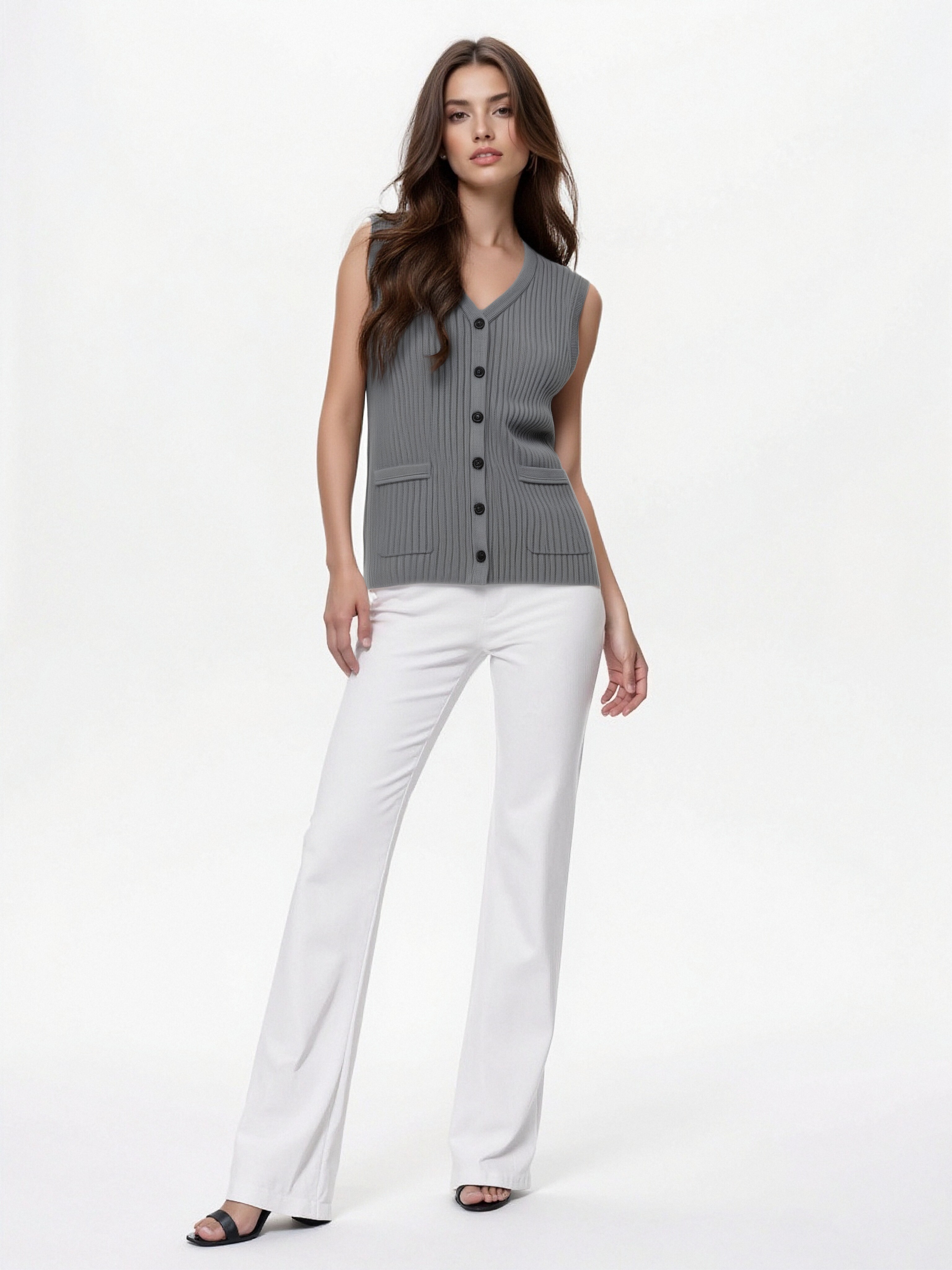 Sleeveless Ribbed Grey Knit Cardigan